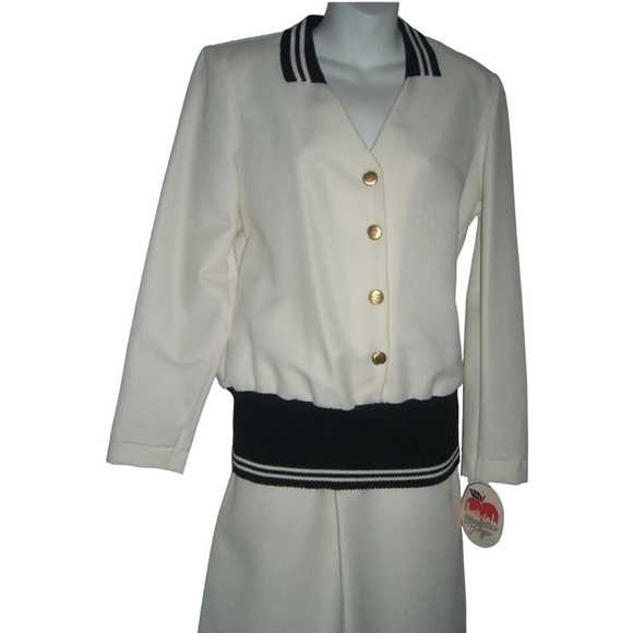 Vintage 50's Outfit Skirt Blouse Set Secretary Nautical Deadstock Ivory Striped - Picture 4 of 12